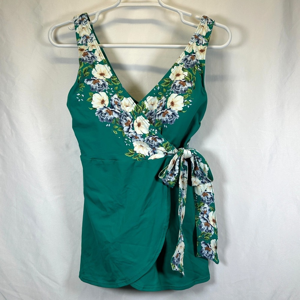 Land's End Women's Petite 4 Side Tie Mini Green Floral Swim Dress Swimsuit 1-pc